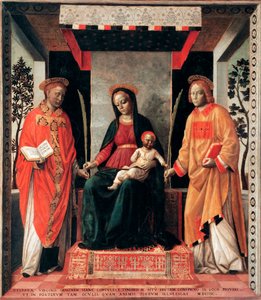 Szűz és gyermek Szent Faustin és Giovita körül (Faustino és Giovita Brescia patrónusai) Vincenzo Foppa festménye (kb. 1427-1515 körül) Brescia, Pinacoteca Tosio Martinengo Olaszország