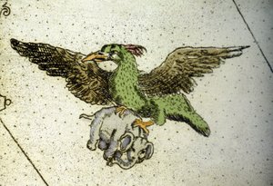 Rok óriásmadár, amely elefántot hord az üvegházai között, hogy odaadja fiának, Vincenzo coronelli (1650-1718) világtérképének részlete. 17. század