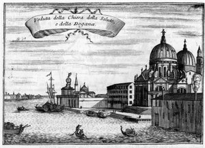 Velence, Olaszország. A Baldassare Longhena építész által tervezett Santa Maria della Salute templom és a Tengerészeti Vámhivatal. Vincenzo Coronelli (1650-1718) „Velence szingularitása” című művében.