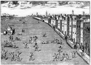 Velence, Olaszország. Vincenzo Coronelli (1650-1718) „Velence szingularitása” című regénye a muránói jég felé 1708-ban.