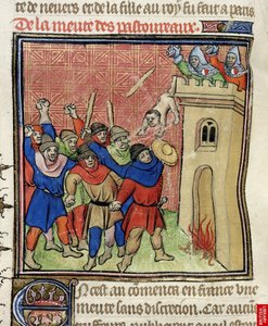 Részlet a Pastoureaux-i harmadik keresztes hadjárat miniatúrájáról. Zsidók kidobták gyermekeiket egy toronyból, 1380 után
