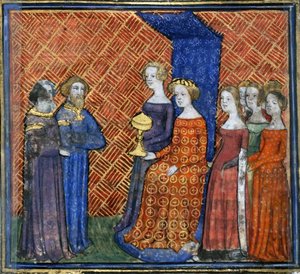 Salamon király Sába királynőjét fogadja Guiart des Moulins bibliatörténetéből, 1400-1415