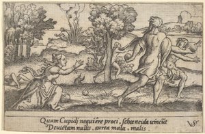 Atalanta és Hippomenes, az előtérben Atalanta térdel, hogy felvegyen egy almát és..., kb. 1535-62.