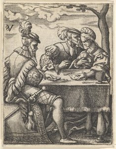 Két férfi és egy nő kártyáznak egy asztalnál, egy férfi az orrát a ... felé nyomja, kb. 1535-62.