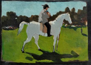Fehér ló zsokéval (olaj, papír, tábla) alkotó: Vito d