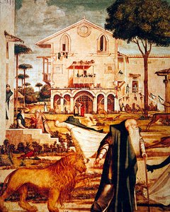 Szent Jeromos az oroszlán megzabolázása, 1501-09 körül (részlet a 60932-ből) alkotó: Vittore Carpaccio