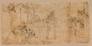 Tanulmányok angyali üdvözlethez; Szent Agatha vértanúságáért; egy gyászoló Madonnáért (toll és tinta krétával papíron) (5933930 verso) alkotó: Vittore Carpaccio