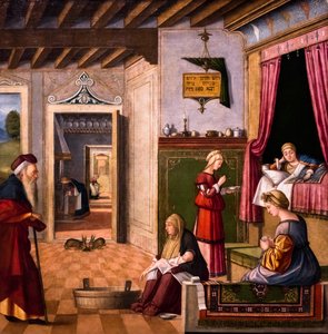 Szűz Mária születése, a Scuola degli Albanesi ciklusa, 1502/03 körül (olaj, fa) alkotó: Vittore Carpaccio