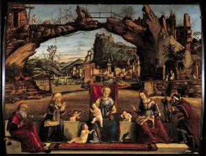 Vittore Carpaccio (1450-1526) Szent beszélgetés festménye 16. század V. 0,98x1,27 m Avignon, Kis Palota Múzeuma alkotó: Vittore Carpaccio