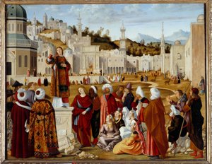 Szent István jóslata Jeruzsálemben A velencei Scuola si Santo Stefano kápolnája számára kivégzett sorozat festménye. Vittore Carpaccio festménye (1450/54-1525/26) V. 1,4x1,9 m - Szent István prédikációja (St. Etienne) Jeruzsálemben. Azt alkotó: Vittore Carpaccio