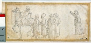 Törökök, egyikük lóháton Rajz barna tintával és mosás: Vittore Carpaccio (1450-1526) Dim. 0,11 x 0,28 m Párizs. Louvre múzeum alkotó: Vittore Carpaccio