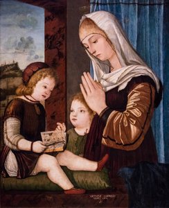 Szűzanya és gyermeke Keresztelő Szent János gyermekével, 1494/97 körül (vegyes technika, fára, selyemre átvitt technikával) alkotó: Vittore Carpaccio