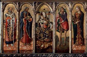Madonna és gyermek szentekkel poliptichon, öt különálló panel, c1480