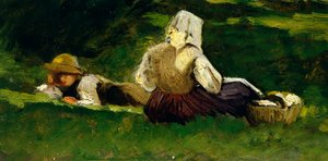 Ülő nő és fiú a fűben, Vittorio Avondo (1836-1910).