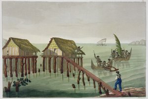 A Papu törzs lakóhelyei, Rawak, Jules Ferrario „Le Costume Ancien et Moderne” című művének 22. táblája, az 1820-as és 30-as évek körül megjelent