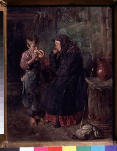 A találkozás (The Reunion). Egy anya, aki meglátogatta gyermekét, bottal és köteggel a földön húzódik, még mindig a kabátját és a sálját a fején hordja, és szemével falja a fiát, miközben egyfajta brióst eszik. Mezítláb van, alkotó: Vladimir Egorovic Makovsky