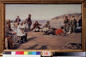 A fedélzeten (On the Deck). Minden osztály utazói a part mentén közlekedő hajón. Vlagyimir Jegorovics Makovszkij (Makovszkij, Makovskij) (1846-1920) festménye, olaj, vászon alkotó: Vladimir Egorovic Makovsky