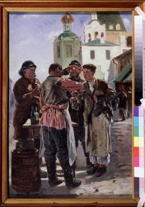 Kvasz eladó (Kwass) (Kvas eladó). Erjesztett és habzó ital, enyhén alkoholos és népszerű, becenevén kenyérsör, orosz nemzeti ital. Vlagyimir Jegorovics Makovszkij (Makovszkij, Makovskij) (1846-1920) festménye, olaj, vászon