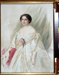 ""Prémes köpenyes hölgy portréja"" Fehér ruhába van öltözve, szalagokkal, fülbevalókkal és karkötőkkel. Vladimir Hau (Gau) akvarellje (1816-1895) 1860 Magángyűjtemény