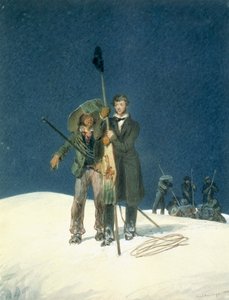 Charles Fellows William Hawes-szel, Plants a Baton on the Summit, beillesztésként szerepelt Charles Fellows (1799-1860) A Mont Blanc csúcsára való feljutás narratívájában, 1827-ben (wc on pa). alkotó: W.S. Hastings