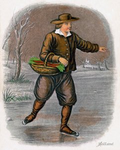 Holland férfi korcsolyázik egy kosár zöldséggel, 1809.