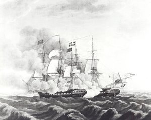 USS Constitution és HMS Guerriere (litho) alkotó: John Ward Dunsmore