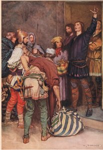 Hamlet üdvözli az utazó játékosokat Elsinore-ban, William Shakespeare „Hamlet” című művéből, a Hodder und Stoughton kiadásában 1915-ben