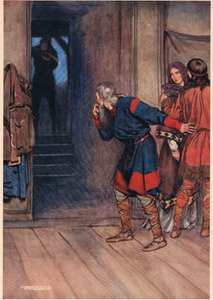 Polonius próbára teszi Hamlet józan eszét, miközben a király és a királynő megfigyeli William Shakespeare „Hamlet” című művéből a Hodder und Stoughton által 1915-ben kiadott kiadást.