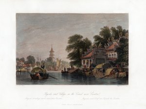 Pagoda és falu, a csatornán, Kanton közelében, Kínában, 1840. alkotó: W. H. Capone
