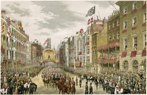 Felvonulás a Stranden, Temple Bar, Strand, London, Egyesült Királyság (színes gravírozás) alkotó: W. H. Russell