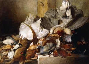 Döglött madarak csendélete; Falon lógó gém, kacsa, fácán, fogoly, erdei kakas, hattyú és galamb nyúl nyúllal, 1845 alkotó: W. Oakes