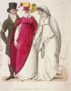 Két sétálóruhát viselő nő egy férfi kíséretében, c1810