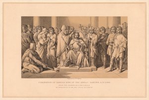 „Harold King of the Anglo-Saxons koronázása, i.sz. 1066”, 1878 alkotó: W Ridgway