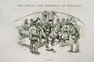 „Gaming” (a bálnavadászok pihennek és táncolnak a fedélzeten), a „The Perils and Romance of Whaling”-hoz a Century Magazine-ban, 1890. augusztus (metszet) alkotó: W. Taber