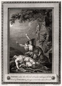 Thisbe elveszi a már Pyramus vérétől bűzlő Kardot, belemártja..., 1775. alkotó: W. Walker