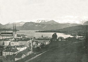 Kilátás Luzernre és hegyeire, Svájc, 1895. alkotó: W and S Ltd