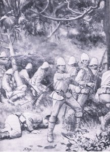 Harc az erdőn keresztül Coomassie felé vezető úton, illusztráció a "British Battles on Land and Sea" című filmből alkotó: Wal Paget