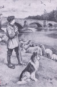 A Musselburgh-i régi római híd látványa megmozgatja John Rennie, a pásztorfiú képzeletét, a My Magazine-ból, pub. 1922 (litho) alkotó: Wal Paget