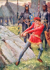 Arthur kihúzza a kardot a kőből (színes litográfia) alkotó: Walter (after) Crane