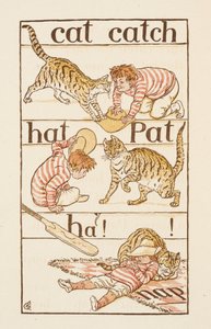 Egy fiú macskával játszik. Illusztráció a „The Golden Primer”-ben. alkotó: Walter Crane