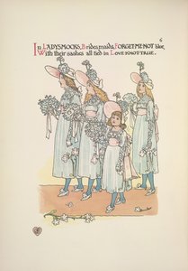 Koszorúslányok nefelejcs, nem kék hölgyruhában alkotó: Walter Crane