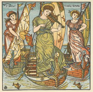 Színes illusztráció a „Láttam három hajót”. Három nő, az egyik hegedül, áll a hajókon. alkotó: Walter Crane