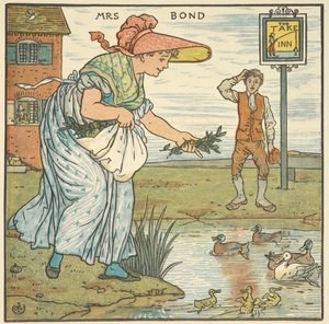 Színes illusztráció a „Mrs Bond”-hoz. Egy nő kacsákat etet egy fogadó előtt. alkotó: Walter Crane