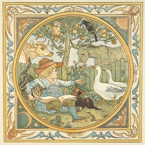 Színes illusztráció a „csecsemő saját ezópjához”. Egy gyerek a kertben, állatokkal körülvéve. alkotó: Walter Crane