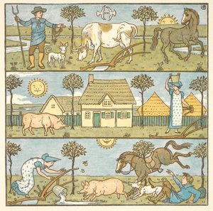 Színes illusztráció a „kis katasztrófához”. Egy gazda, egy tejeslány és különféle haszonállatok. alkotó: Walter Crane