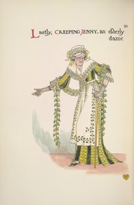 Kúszó Jenny. Egy idős hölgy sétabotot használ alkotó: Walter Crane