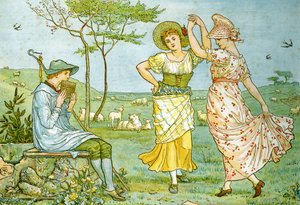 A „Pan-Pipes”, a régi dalok könyvének előlapja, újonnan hangszerelve és Theo kíséretével. Marzials, kiadó Londonban, George Routledge und Sons, 1884 alkotó: Walter Crane