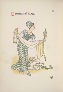 Lenből készült ruhák. Egy nő, aki egy kendőt tart alkotó: Walter Crane