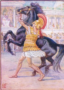 A lóhoz rohant, és megragadta a kantárt, illusztráció a Görögország története, 1930-as évekből alkotó: Walter Crane