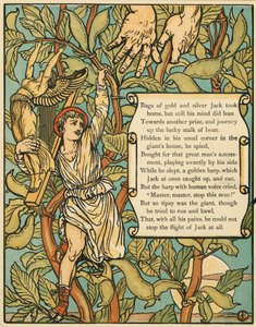 Jack leereszkedik a Beanstalk-on a Jack and the Beanstalk kocsmából. 1875-ös színes litográfia, 1875.